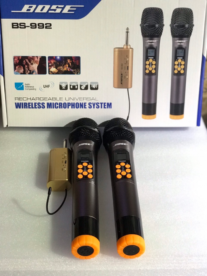 Bộ micro không dây bose bs-992 , micro đa năng , míc hát karaoke cao cấp , micro đa năng bose bs-992 full chức năng trên thân mic , chất lượng thu tốt , chống hú rít tuyệt đối , sử dụng cho các loại loa kéo, amply kara