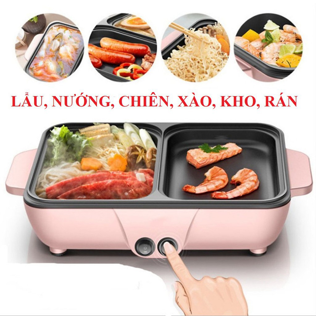 Bếp Điện Nồi Lẩu Nướng 2in1 Màu Hồng Hàn Quốc Siêu Chống Dính Đa Năng Cao Cấp Chiên Nấu 2 Ngăn, có 2 mức nhiệt độ thấp cao siêu tiện lợi,bảo hành 12 tháng Mega Big 5.0