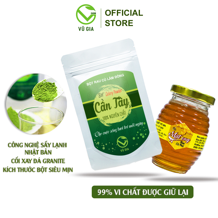 Bột Cần Tây Sấy Lạnh Nguyên Chất Vũ Gia (50g/ túi) + mật ong nguyên chất hoa cà phê 100ml - Giảm cân an toàn, giải độc, ngừa ung thư, đắp mặt nạ chăm sóc da
