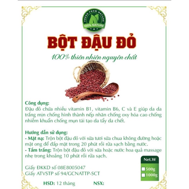 500g Bột đậu đỏ hạt nhỏ nguyên chất 100% (dùng đắp mặt, tắm trắng....)