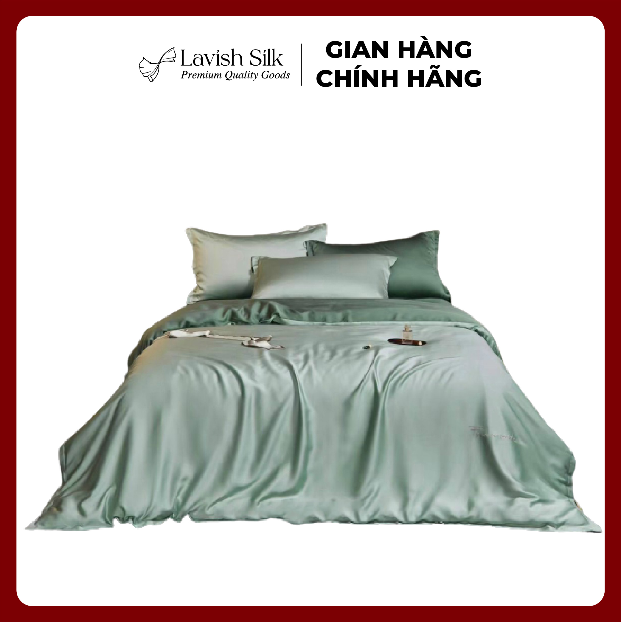 Trọn Bộ Ga Gối Lụa Kèm Chăn Sẵn Ruột + Tặng Bộ Quà Tặng Lavish Silk Cao Cấp - Xanh Matcha Mix Xanh Ngọc