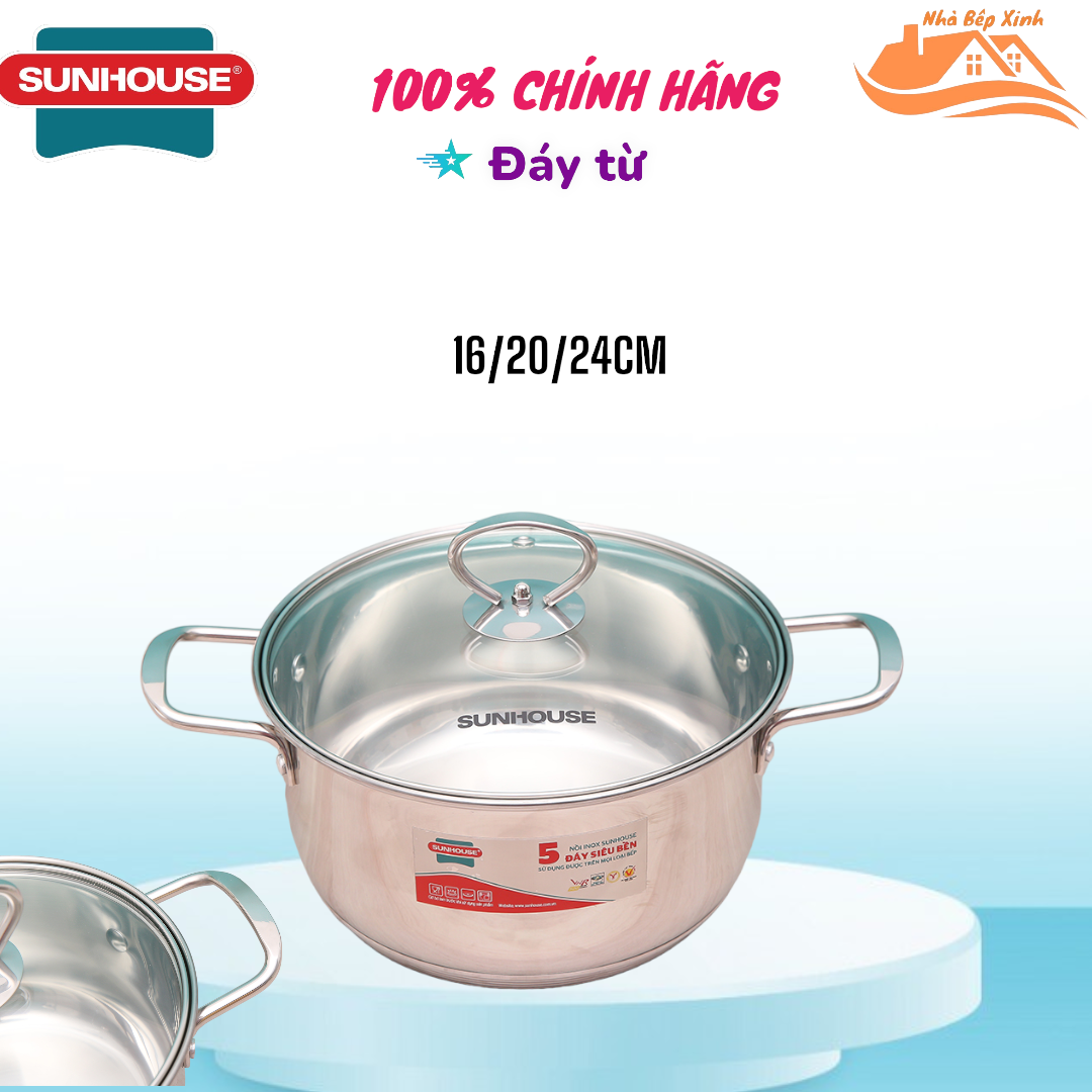 Nồi inox 5 đáy nắp kính 16/20/24 cm sunhouse