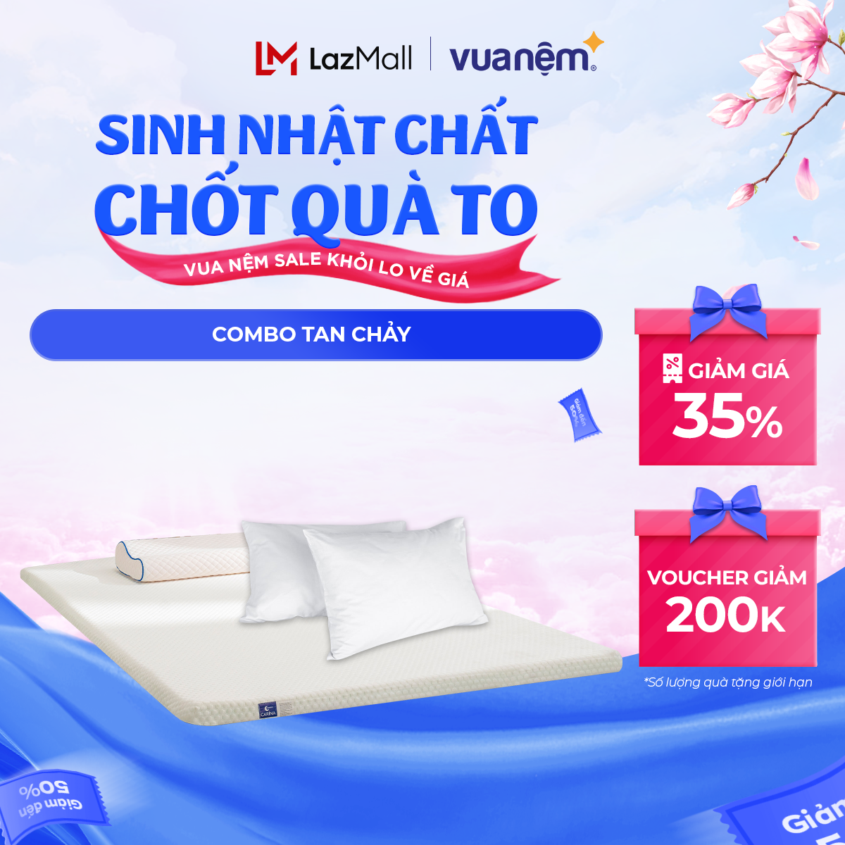 Combo Tan Chảy Nệm topper đa năng Aeroflow kèm đôi gối nằm mềm mại êm ái