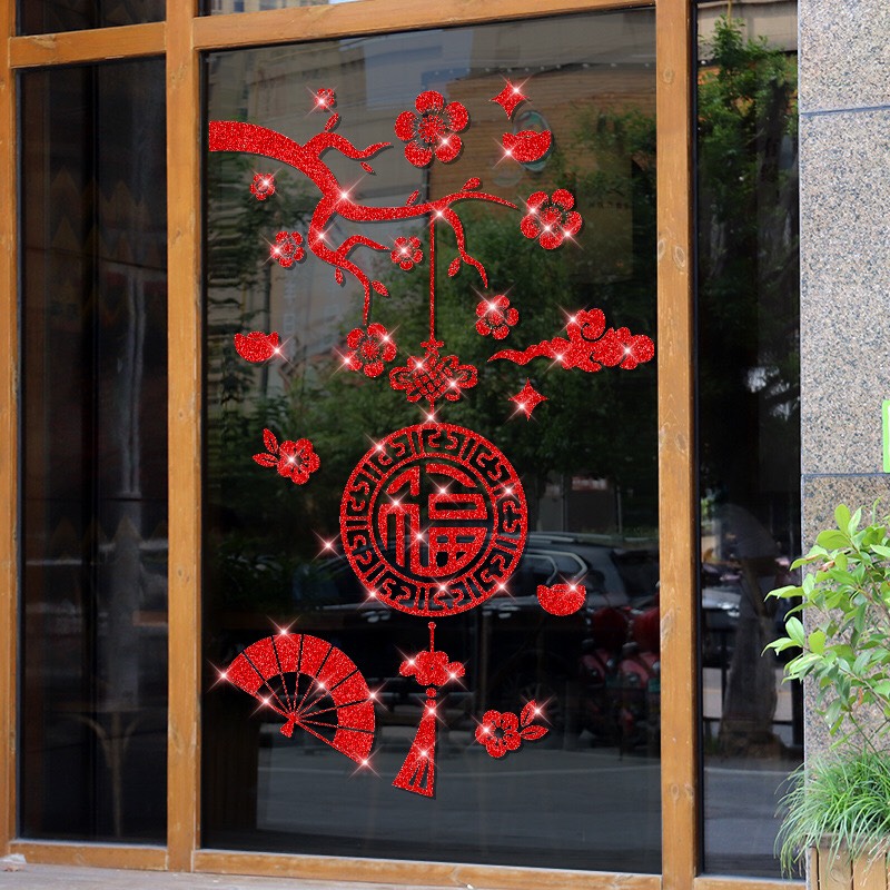 [HCM]Decal trang trí tết - Cành Mai đỏ quạt què đỏ 02