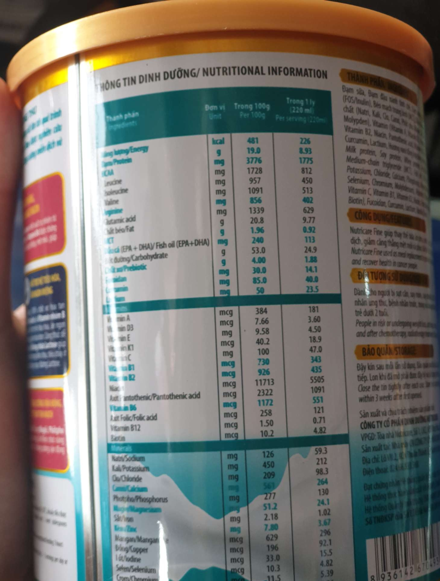 Sữa bột Nutricare Fine 400g Dành cho bệnh nhân ung thư (Cam kết chính hãng, Date mới)