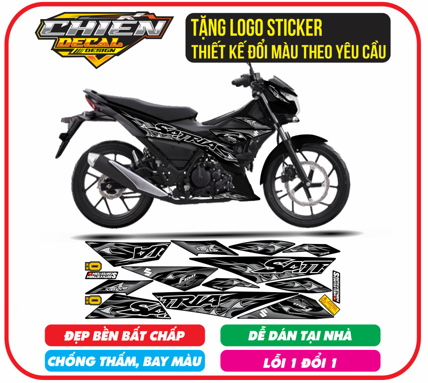 Tem rời xe satria - raider F150 mẫu tem lửa đen bạc V2 ( tem 3 lớp cao cấp)