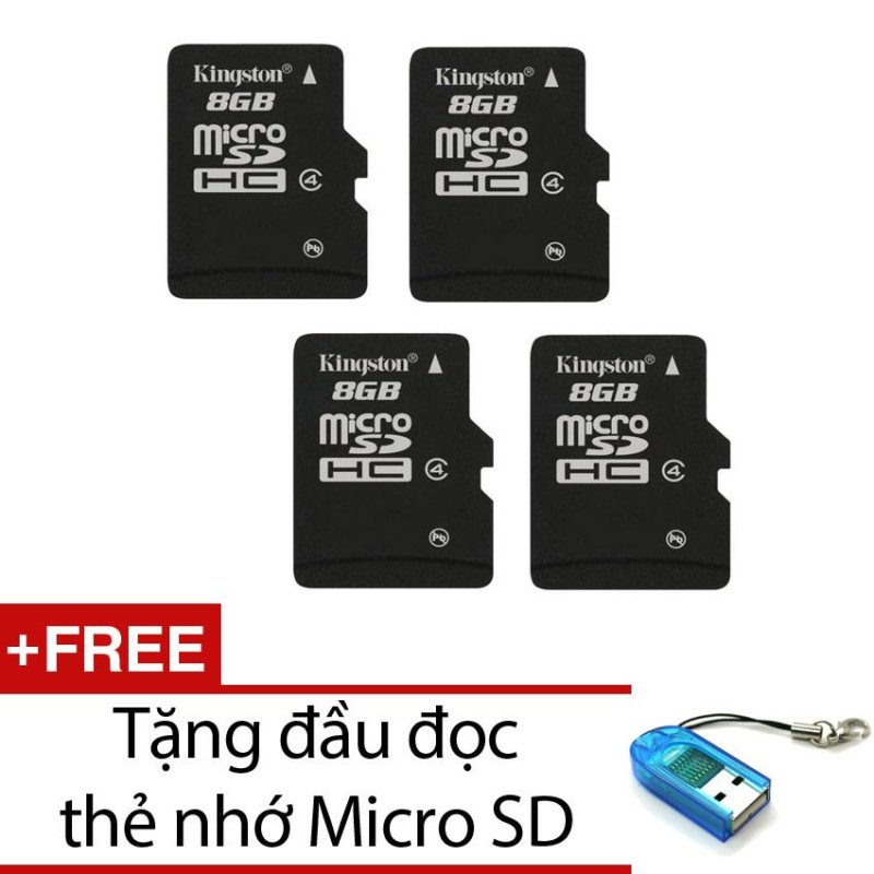 Bộ 4 Thẻ nhớ Kingston Micro SDHC Class4 8GB (Đen) + Tặng 1 đầu đọc thẻ nhớ micro (Mẫu ngẫu nhiên)