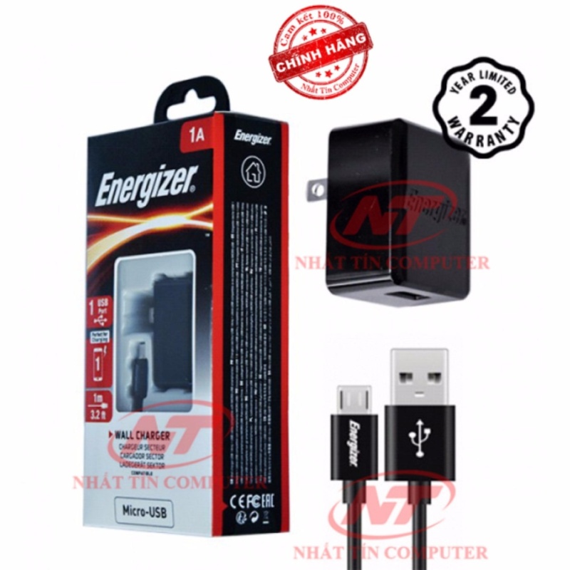 Bộ cốc cáp sạc microUSB Energizer CL 1A 1 cổng USB (Đen) - Hãng phân phối chính thức