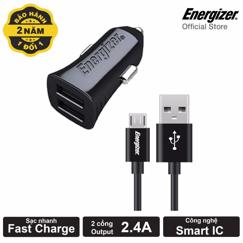 Bộ Sạc Ô Tô Energizer 3.4A 2 Cổng USB - Kèm 1 Cáp Micro USB (Black)