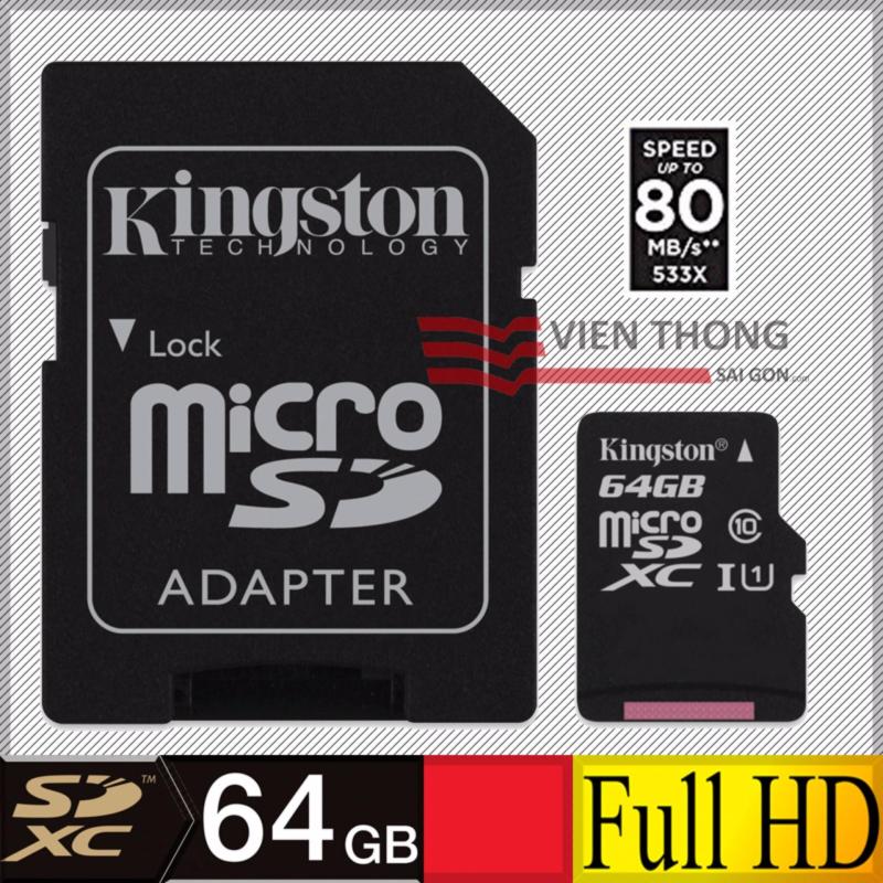 Bộ thẻ nhớ 64GB Kingston Up To 80mb/s Micro SDXC Class10 UHS1 và Adapter (Đen)