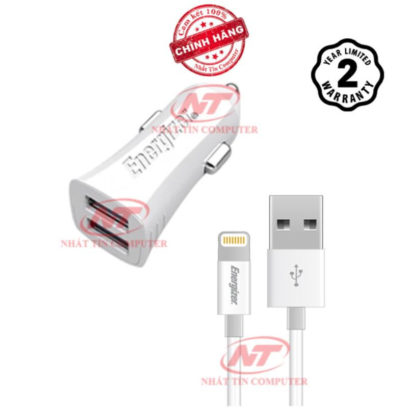 Cốc Sạc Ô tô Energizer UL 3.4A 2 USB + 1 Cáp Lightning (Trắng) - Hãng phân phối chính thức