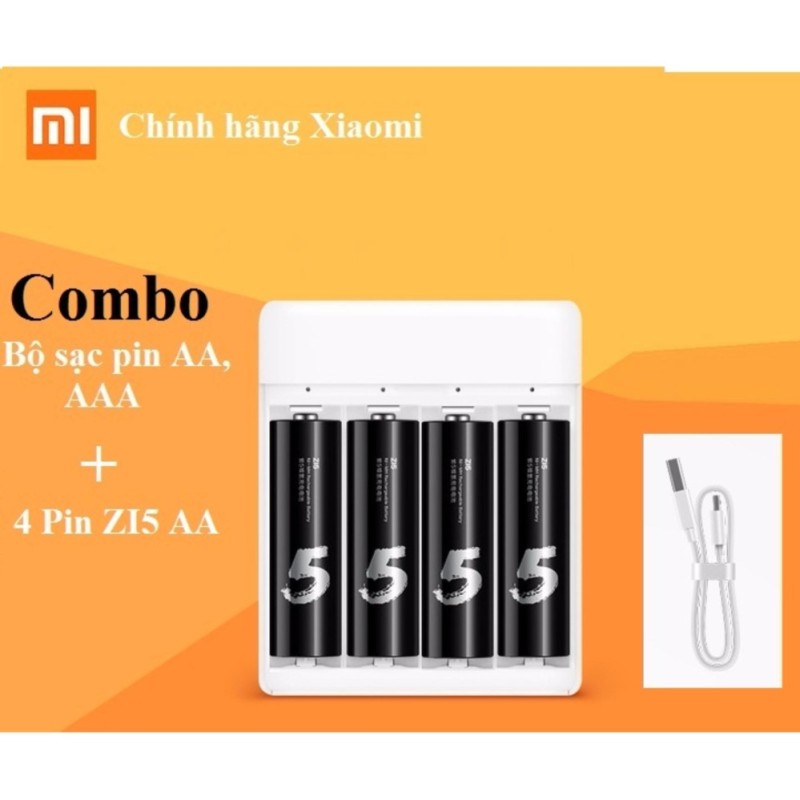 Combo Bộ sạc pin AA,AAA Xiaomi PB401 + Hộp 4 Pin AA Xiaomi Zi5 sạc được nhiều lần (Hàng nhập khẩu)