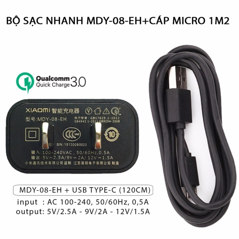 Củ sạc nhanh Xiaomi Quick Charge 3.0 MDY-08-EH + Cáp Micro 2A (1mét2) - Hàng Nhập Khẩu