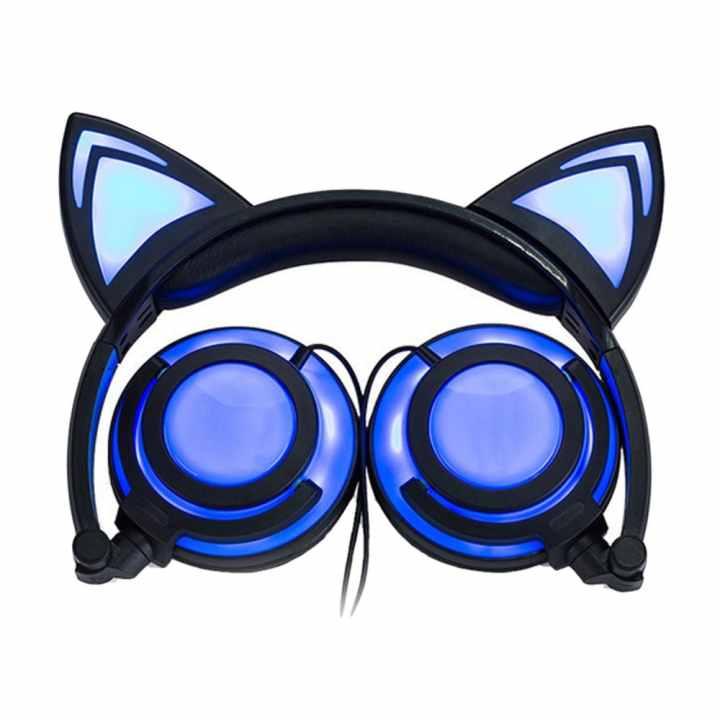 Cute Folding Cat Ear Headphones Earphone Headset Glowing Lights with USB Charging Cable for Most Smartphones Tablet Laptop Black - intl