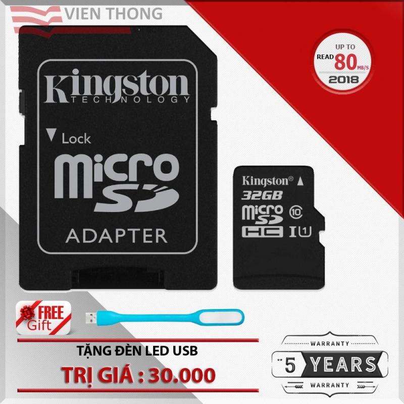 Thẻ nhớ 32GB Micro SDHC Kingston up to 80mb/s + Adpater - Hãng phân phối chính thức - tặng đèn led USB