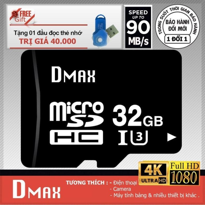 Thẻ nhớ 32GB tốc độ cao U3 , up to 90MB/s Dmax Micro SDHC class 10+Tặng đầu đọc micro PT