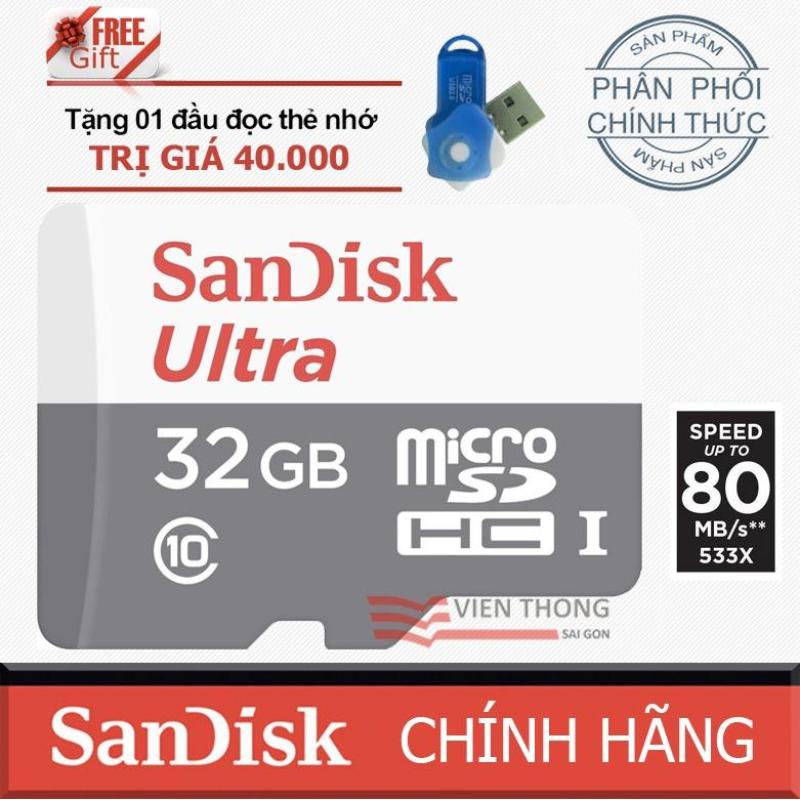Thẻ nhớ 32gb up to 80mb/s MicroSDHC SanDisk Ultra+ Tặng đầu đọc thẻ nhớ PT