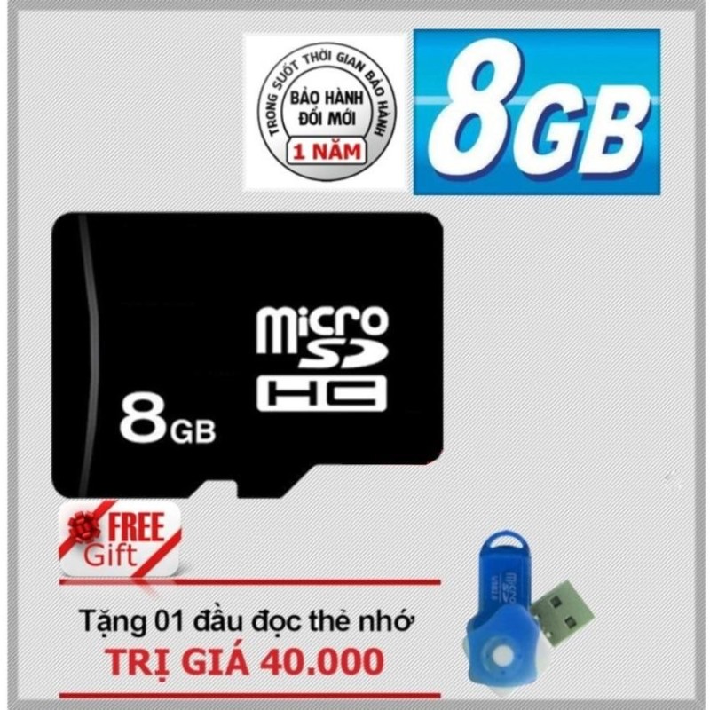 Thẻ nhớ Micro SDHC 8GB (Đen) + Tặng 1 đầu đọc thẻ nhớ các loại