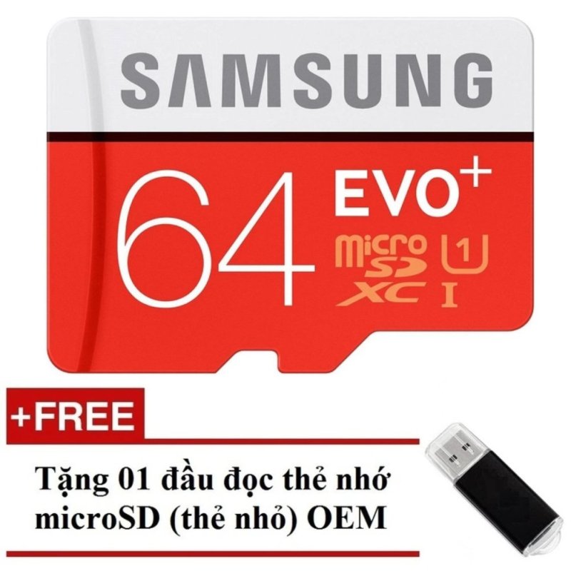 Thẻ nhớ MicroSDHC Samsung Evo Plus 64GB 80MB/s (Đỏ) + Tặng 01 đầu đọc thẻ nhớ MicroSD OEM
