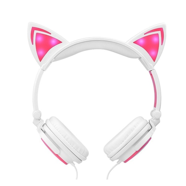 Wired Foldable On Ear Hifi Stereo Headset Led Light Cat Ear Earphone Cat Headphones with Inline Control 3.5mm Jack Audio Cable (Pink)