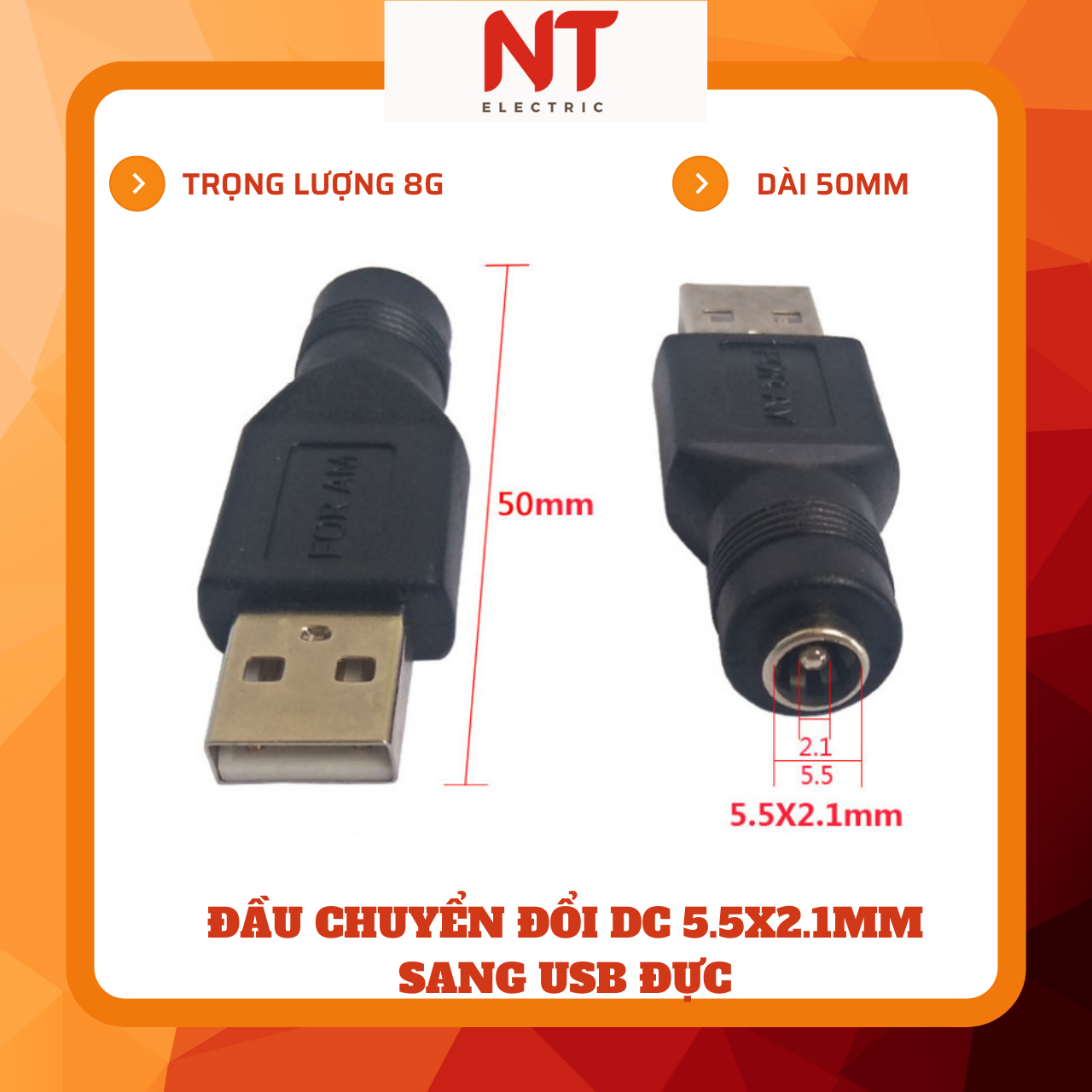 Đầu chuyển đổi DC 5.5x2.1mm sang USB đực