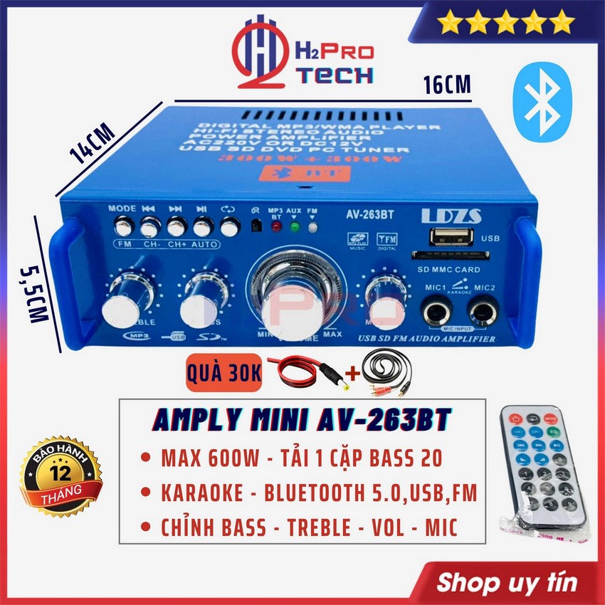 Amply mini bluetooth 12v av-263bt 600w, nghe nhạc bluetooth usb-radio fm-hát karaoke, bán hàng rong, quà 30k-h2pro tech