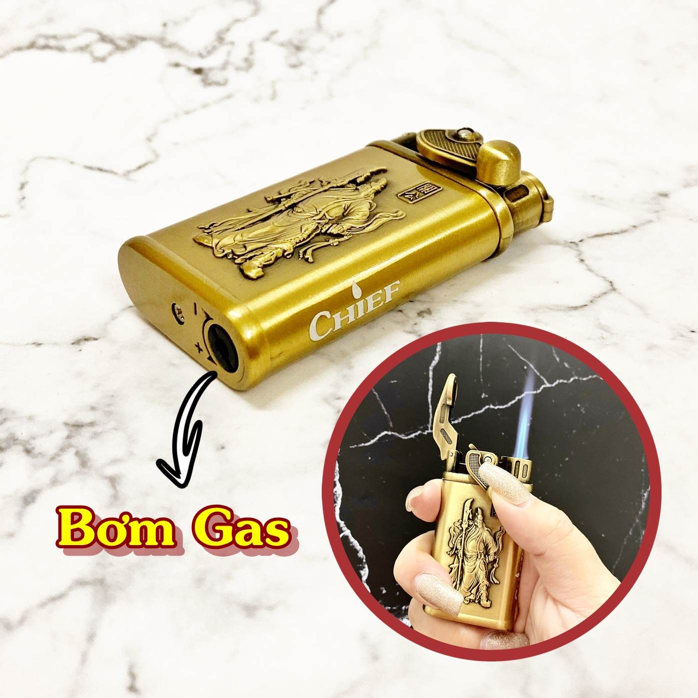 BẬT LỬA KHÈ CHIEF BÚNG TAY  KHẮC NỔI HÌNH QUAN CÔNG  - (XÀI GAS)