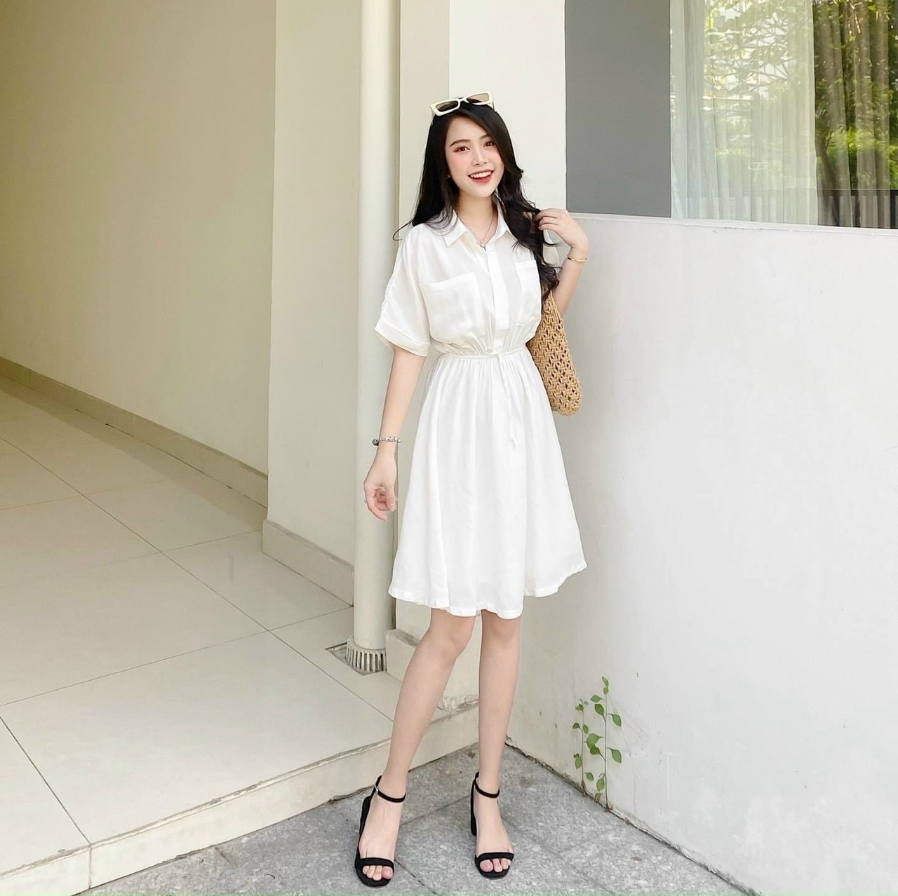 Đầm sơ mi thun eo 2 màu