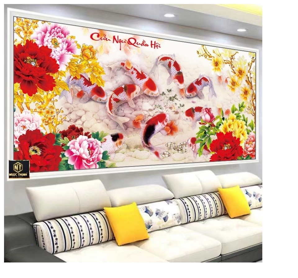 Tranh thêu chữ thập cửu ngư quần hội cá chép và hoa mẫu đơn chữ Việt mn0099