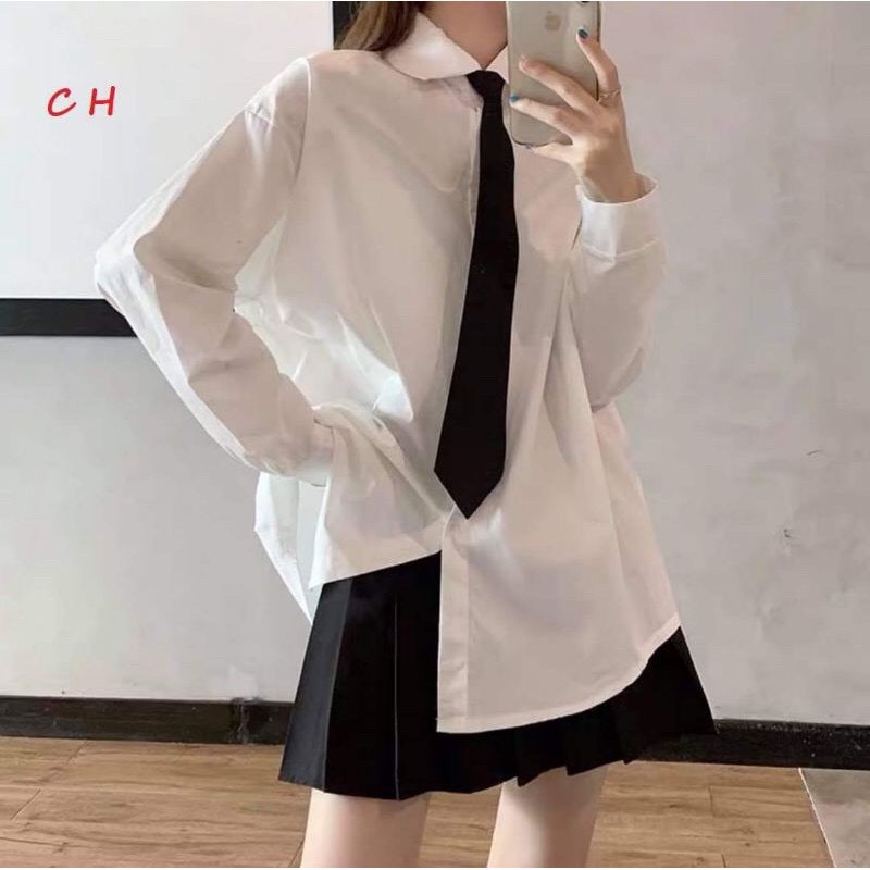 Áo sơ mi nữ tặng kèm cà vạt phong cách hàn quốc, thời trang 1990