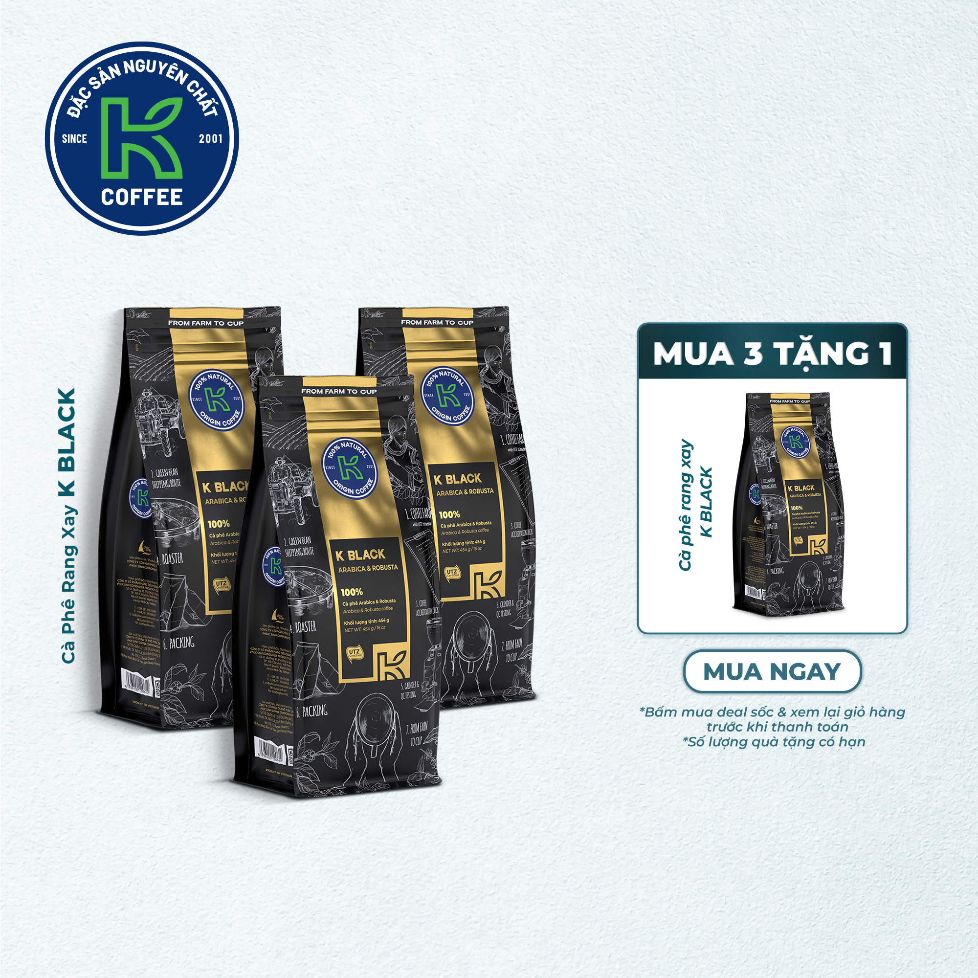 Cà phê Rang xay Đặc sản Nguyên chất Pha phin K Coffee K Black 454g (cà phê ủ lạnh, pour over)
