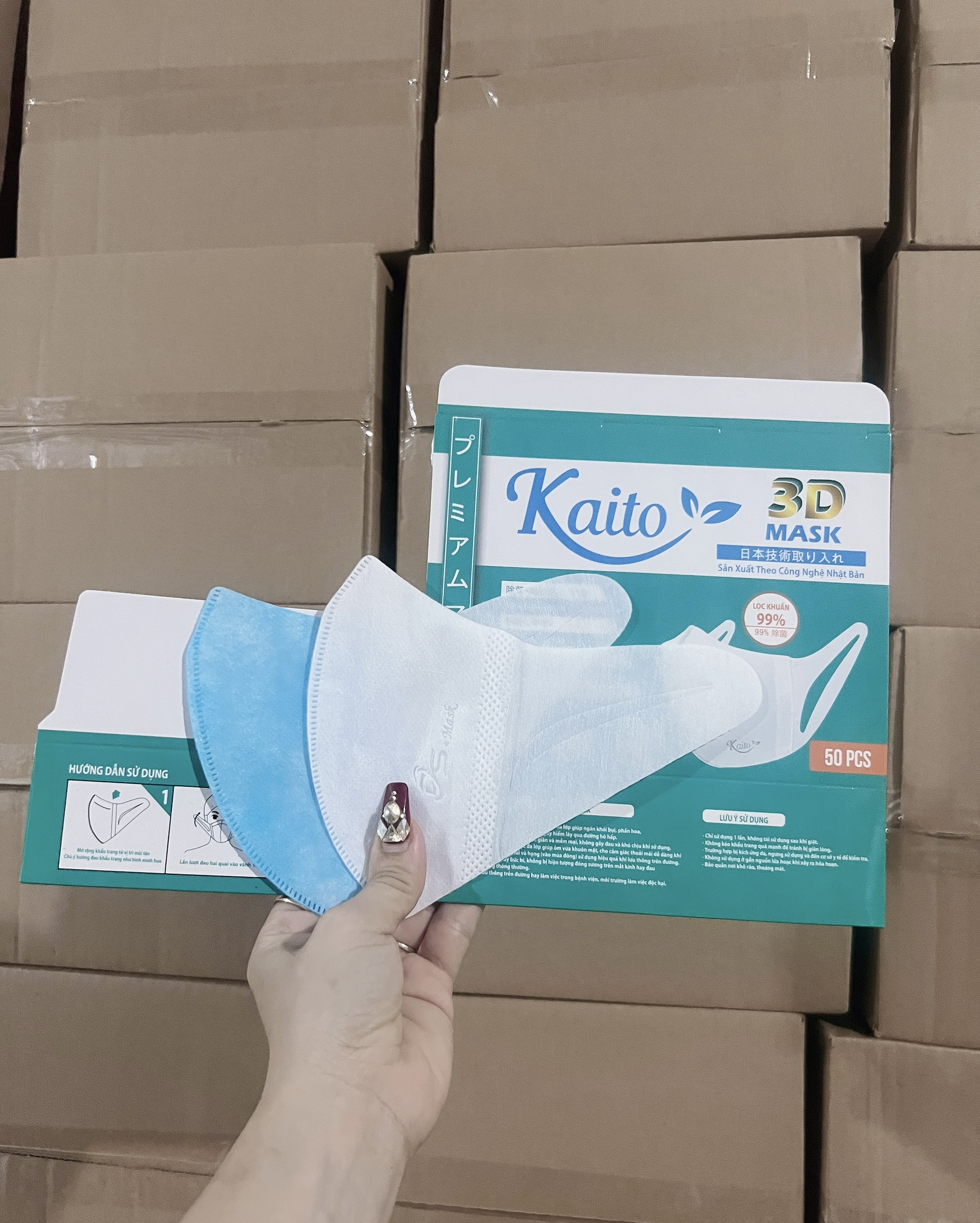 Khẩu trang 3D KAITO Mask hộp 50 cái kháng khuẩn, có logo tem niêm phong, đạt tiêu chuẩn ISO và kiểm định Bộ Y Tế