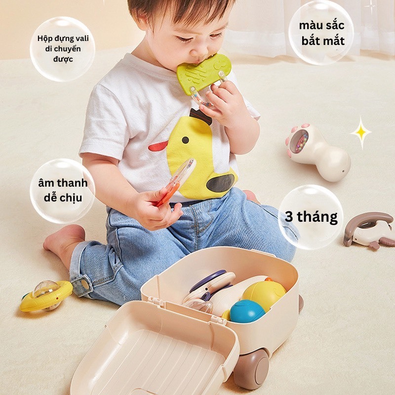 Đồ chơi gặm nướu, lục lạc 10 món có hộp đựng vali ngộ nghĩnh cho bé