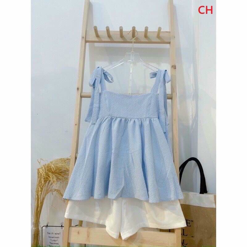 (ảnh thật) Sét áo 2 dây buộc nơ bánh bèo và quần siêu xinh