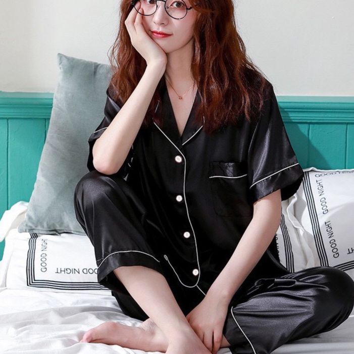Bộ lụa mặc nhà nữ trơn cộc tay quần dài chất lụa siêu mềm b