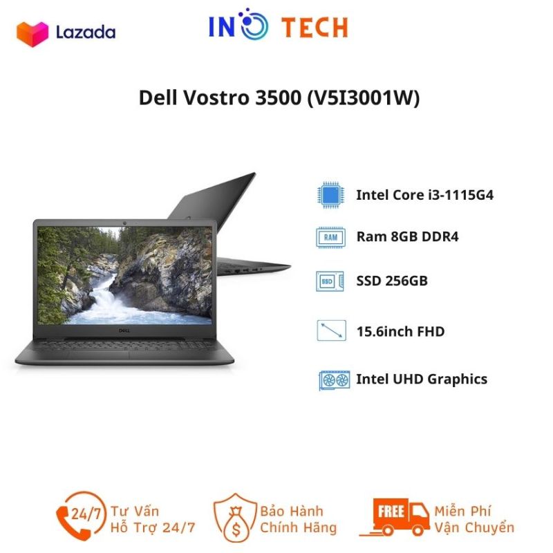 [Freeship] Laptop Dell Vostro 3500 (V5I3001W)/ Black/ Intel Core i3-1115G4 (up to 4.10 Ghz, 6MB)/ RAM 8GB DDR4/ 256GB SSD/ Intel UHD Graphics/ 15.6 inch FHD/ 3 Cell 42 Whr/ Win 10/ 1 Yr Pro Support -INO Tech- INO138 Hàng Chính Hãng