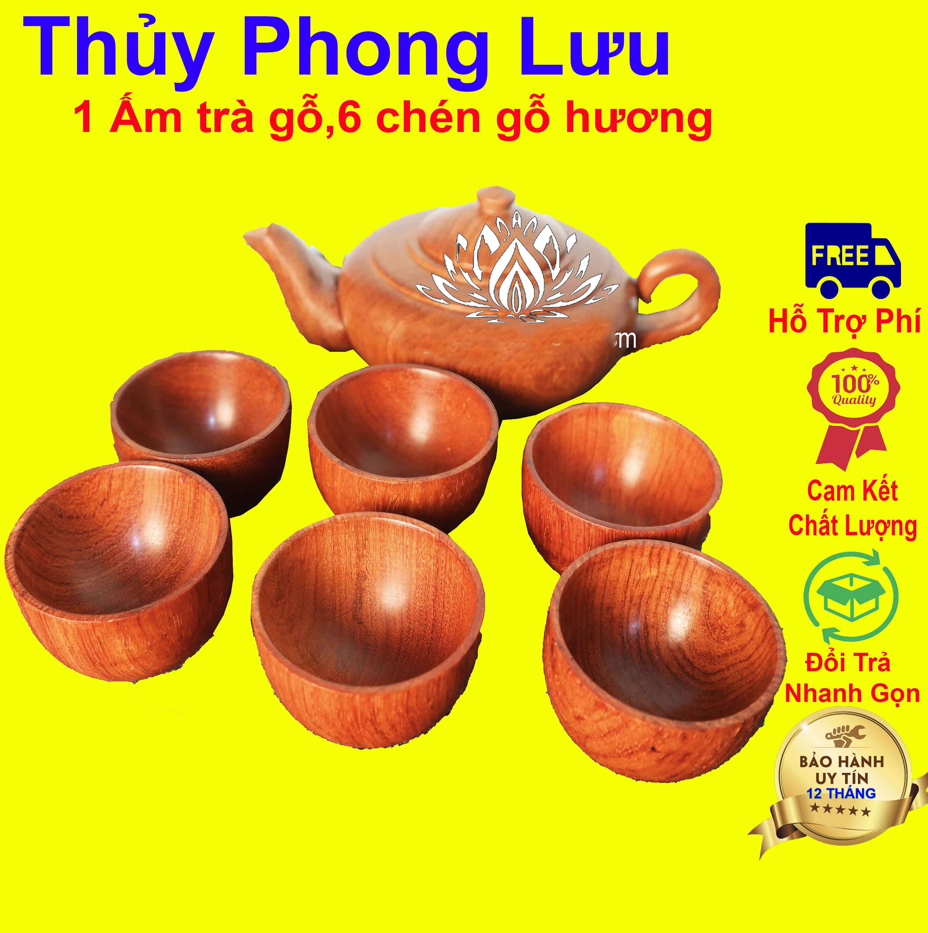 Bộ ấm chén trơn gỗ hương nguyên khối 1 ấm 6 chén