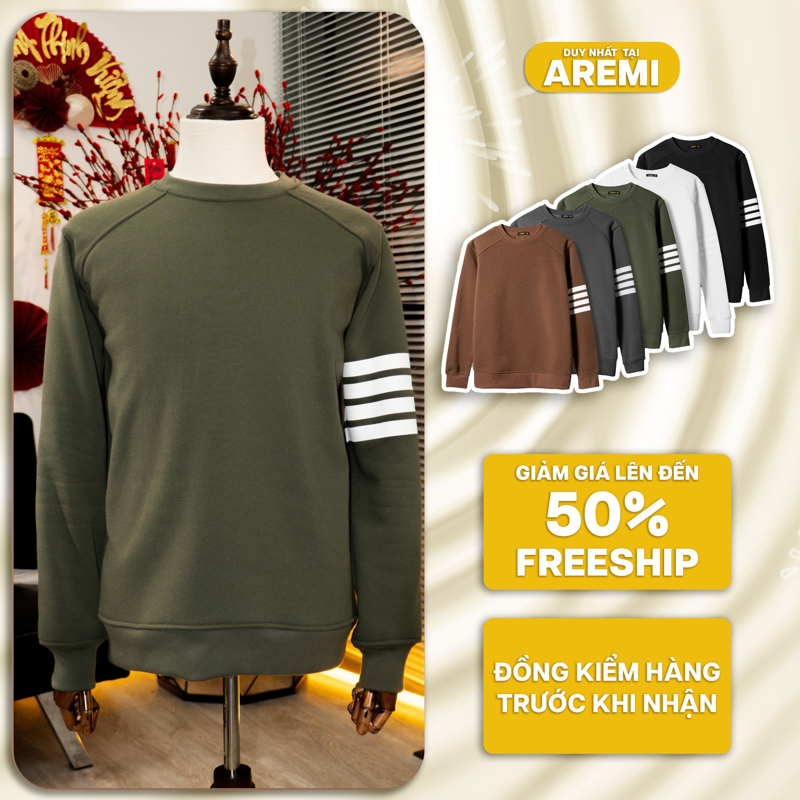 Áo sweater nỉ bông dày dặn thiết kế AREMI phong cách trẻ trung sang trọng màu sắc thanh lịch dễ phối
