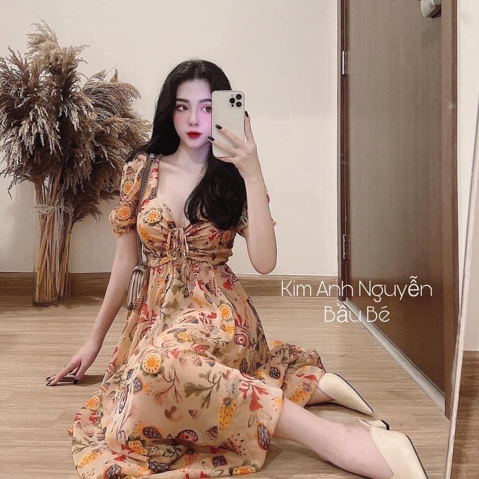 Váy hoa vàng buộc nơ ngực
