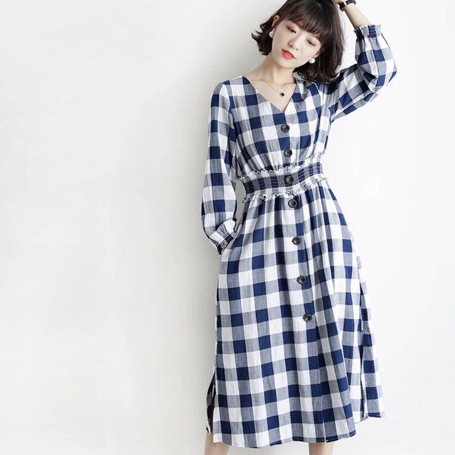 Đầm caro xanh to tay dài