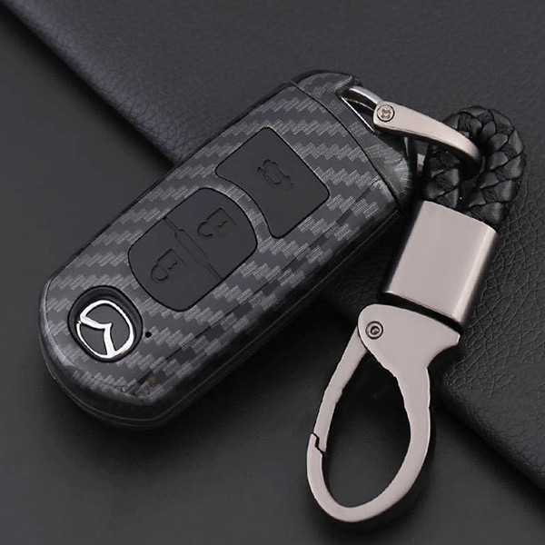 HCM- Bao da chìa khóa Mazda3, mazda6, CX5 chìa 3 nút-mẫu Carbon - kèm móc treo chìa khóa