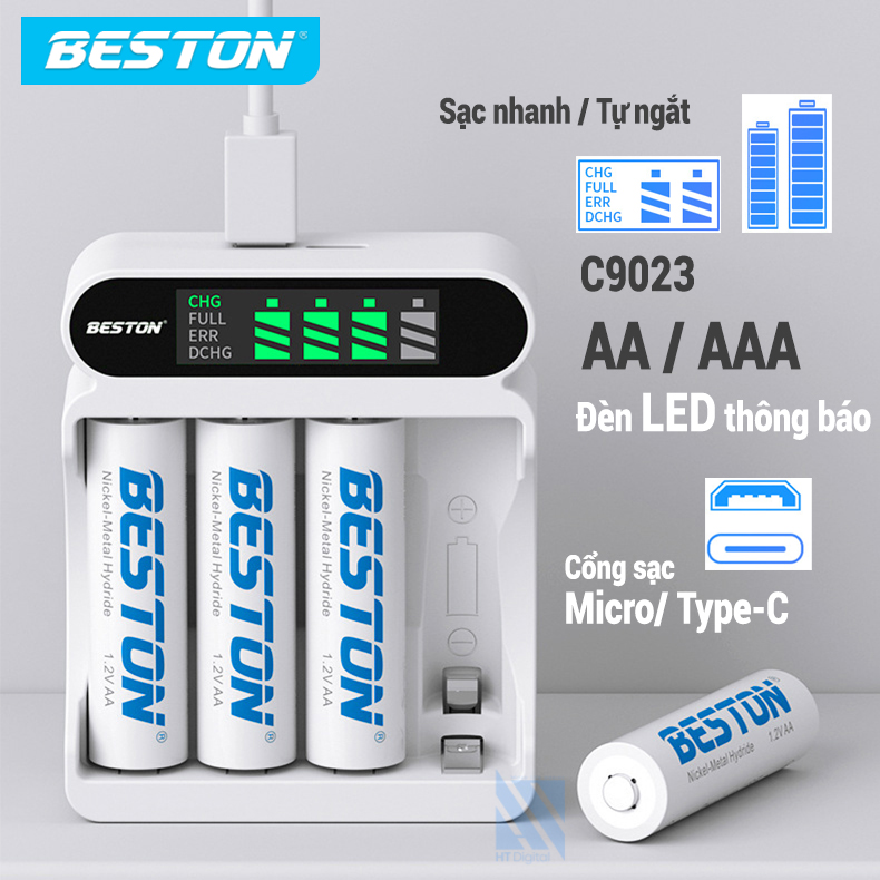 Bộ Sạc 4 pin AA AAA Beston C9023L và pin sạc AA AAA dung lượng cao từ 600mAh đến 3300mAh có tính năng sạc nhanh,tự ngắt khi đầy, màn hình LCD báo thông minh, dùng cho micro ,remote, đồ chơi