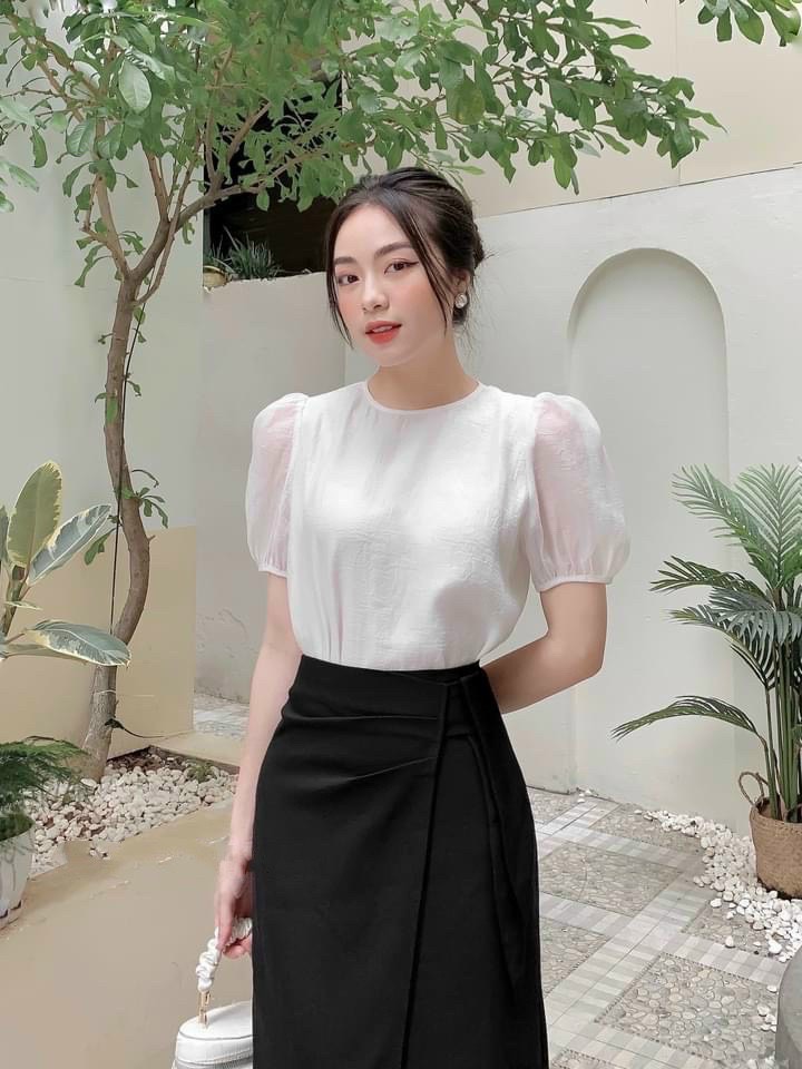 Chân Váy Midi Bút Chì Cạp Cao Vạt Bên 2 Màu