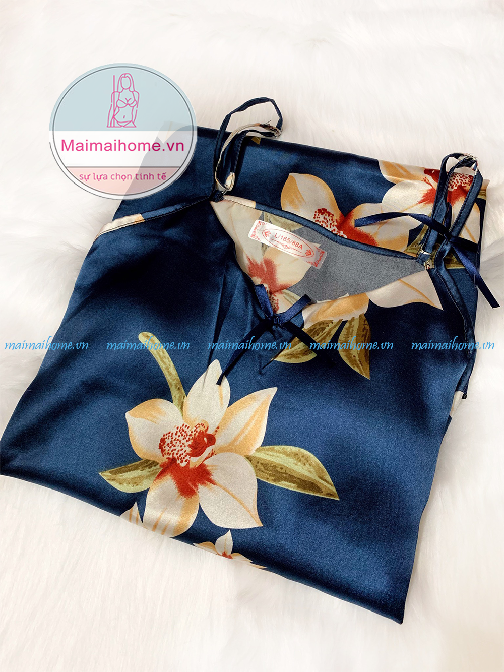 VÁY/ĐẦM NGỦ 2 DÂY HOA XANH LỤA SATIN [Maimaihome]