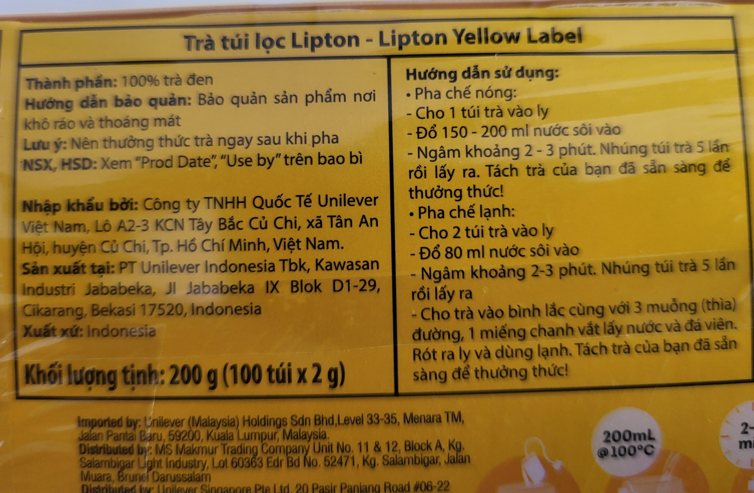 [HỘP LỚN 200gram (100 túi lọc)] TRÀ ĐEN NHÃN VÀNG [Indonesia] LIPTON Yellow Label Tea Bags