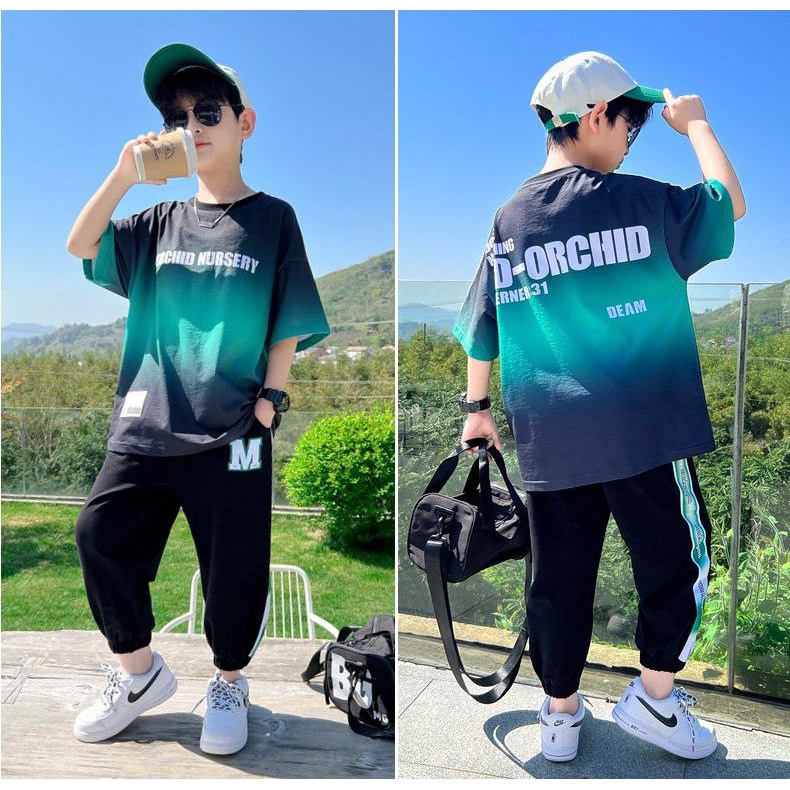Set thể thao bé trai hip hop cá tính áo in màu phối quần jogger thun cotton cao cấp co dãn mềm mịn cho bé 9- 52kg