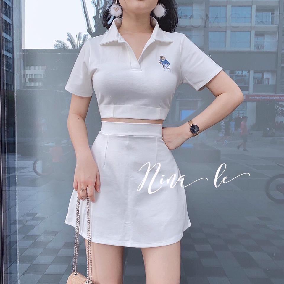 Sét áo croptop và chân váy in hình gấu