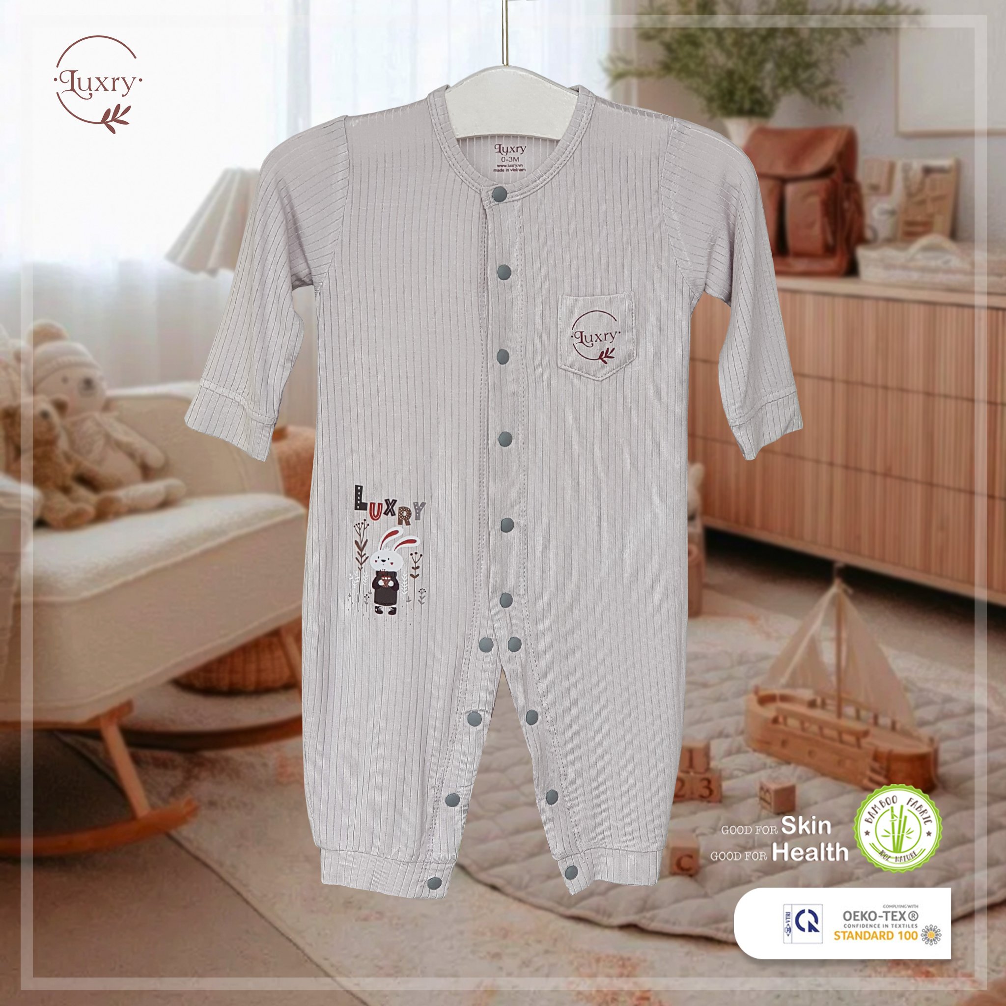 Body dài tay cài thẳng thỏ vân Luxry từ vải sợi tre modal cho bé
