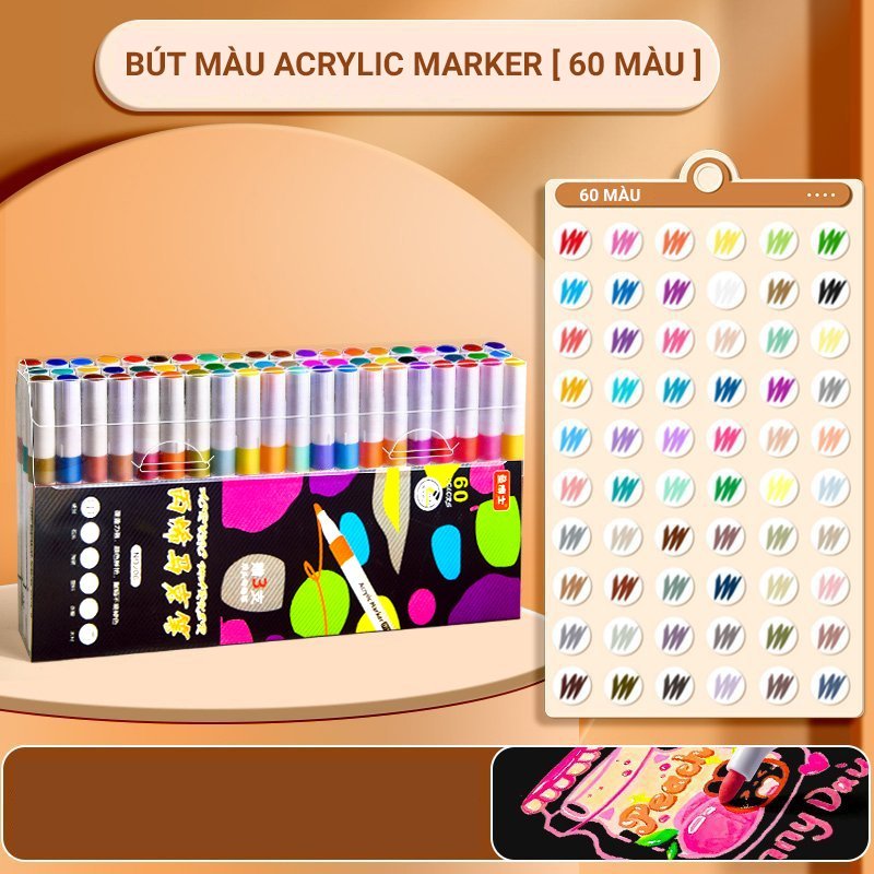Bộ 60 Màu Acrylic Marker Không Lem Màu Vẽ Tươi Sáng Cao Cấp - Bút Lông Màu
