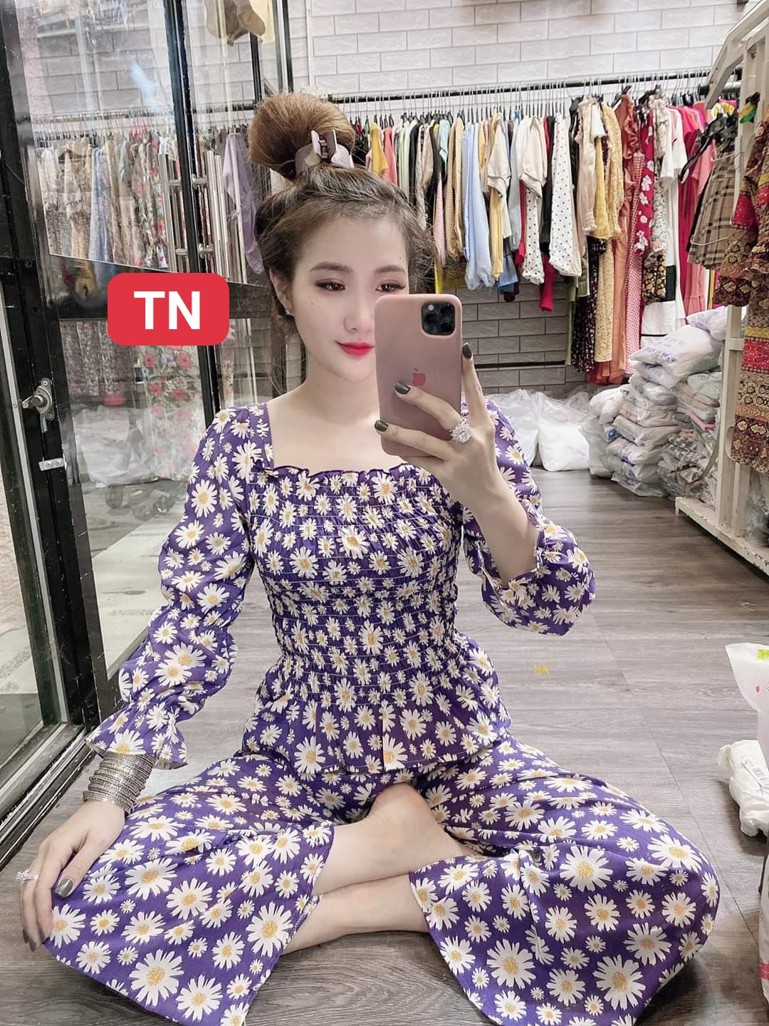 [HCM]Set bộ nữ hoa cúc áo cổ vuông tay dài bo eo quần dài ống rộng cực đẹp #setbonuhoacuc